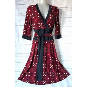 DVF Faux Wrap Silk Dress Red Abstract Print 3/4 Sleeve Belted Fit & Flare Size 4